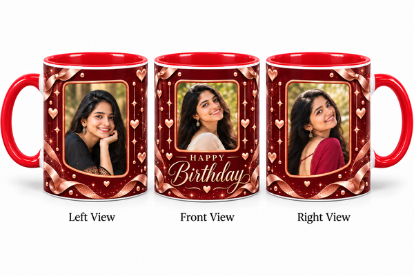 Three photo birthday red mug – Left View, Front View and Right View