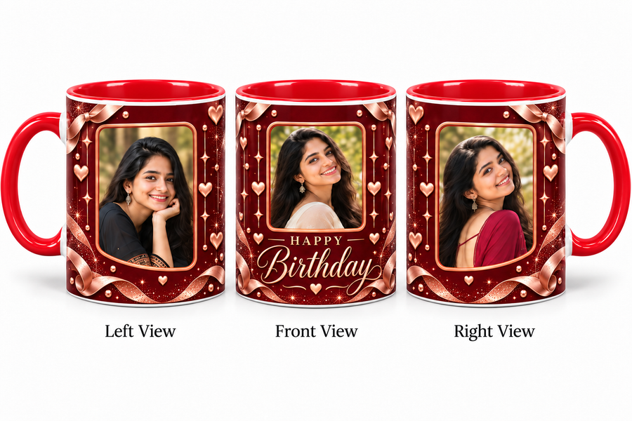 Three photo birthday red mug – Left View, Front View and Right View