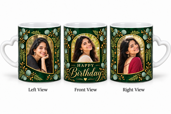 Three photo birthday love mug – Left View, Front View and Right View