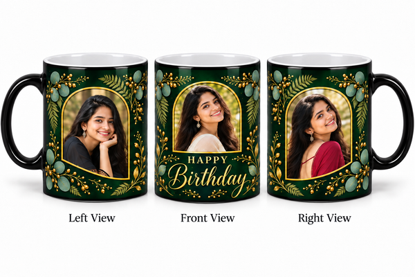 Three photo birthday magic mug – Left View, Front View and Right View