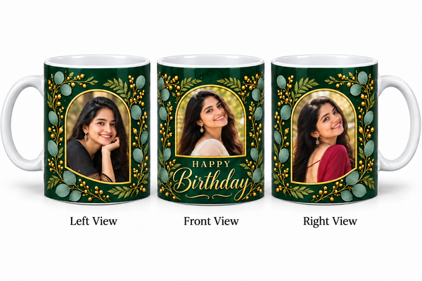 Three photo birthday normal mug – Left View, Front View and Right View