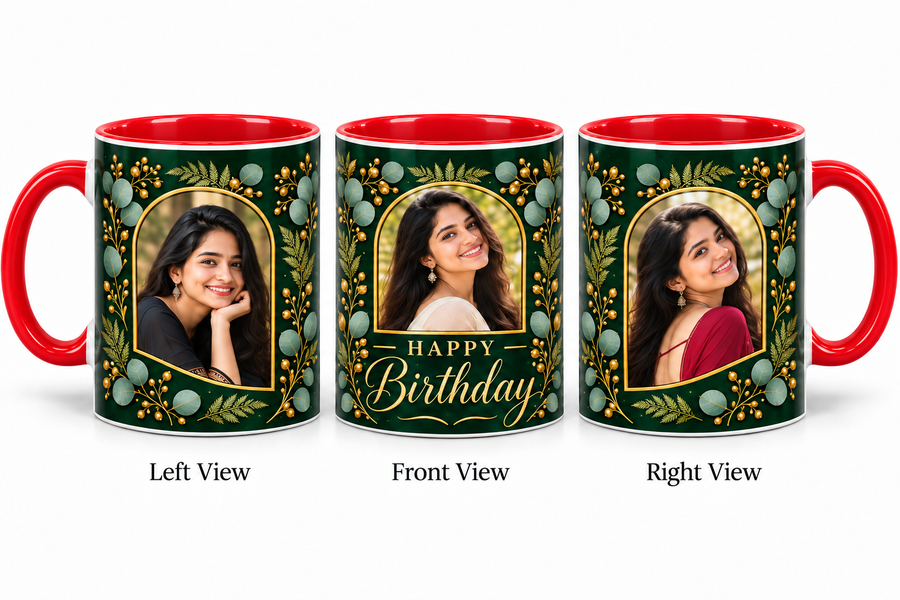 Three photo birthday red mug – Left View, Front View and Right View