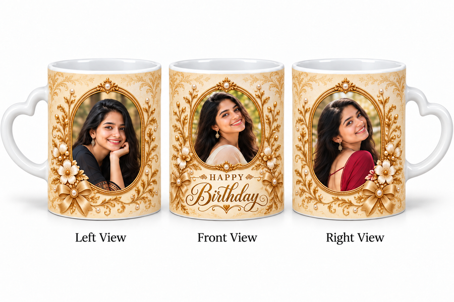 Three photo birthday love mug – Left View, Front View and Right View