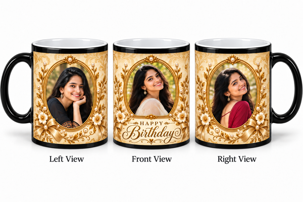 Three photo birthday magic mug – Left View, Front View and Right View