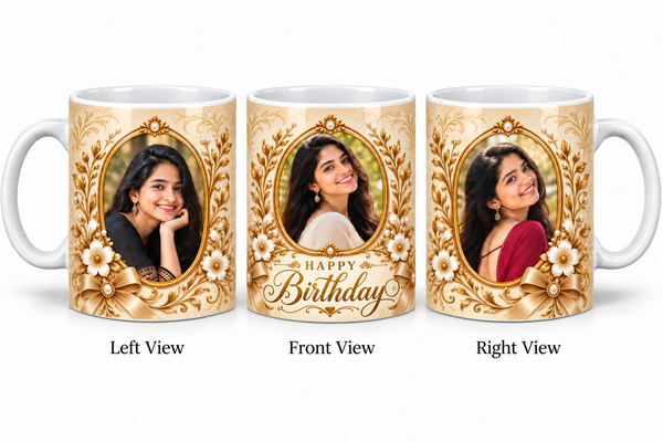 Three photo birthday normal mug – Left View, Front View and Right View