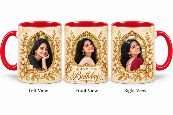 Three photo birthday red mug – Left View, Front View and Right View