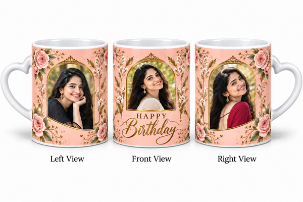 Three photo birthday love mug – Left View, Front View and Right View