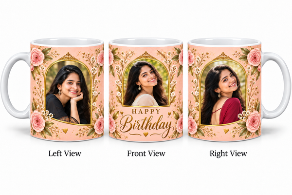 Three photo birthday normal mug – Left View, Front View and Right View