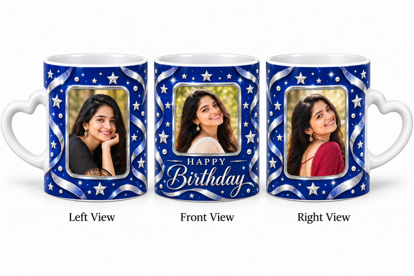 Three photo birthday love mug – Left View, Front View and Right View