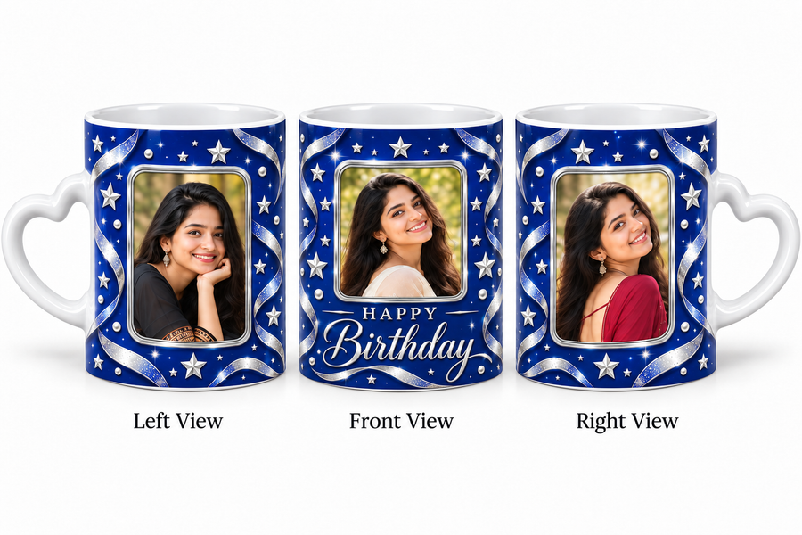 Three photo birthday love mug – Left View, Front View and Right View