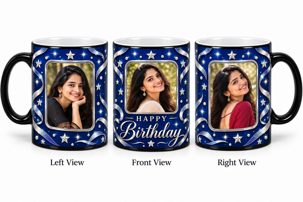 Three photo birthday magic mug – Left View, Front View and Right View
