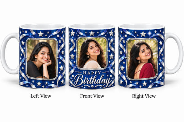 Three photo birthday normal mug – Left View, Front View and Right View
