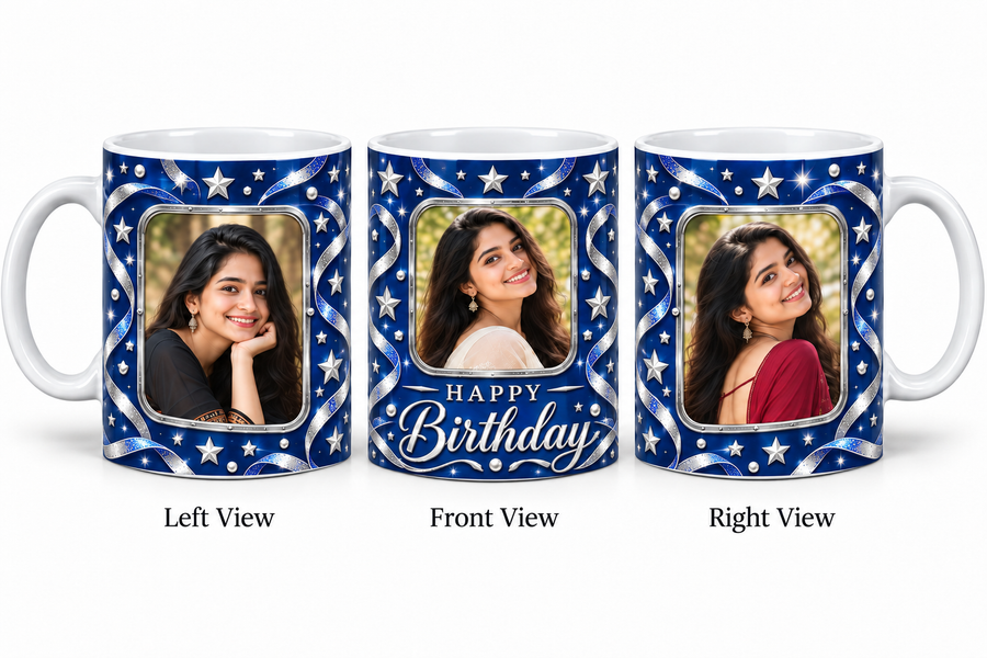 Three photo birthday normal mug – Left View, Front View and Right View