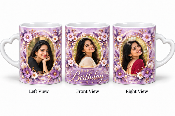 Three photo birthday love mug – Left View, Front View and Right View
