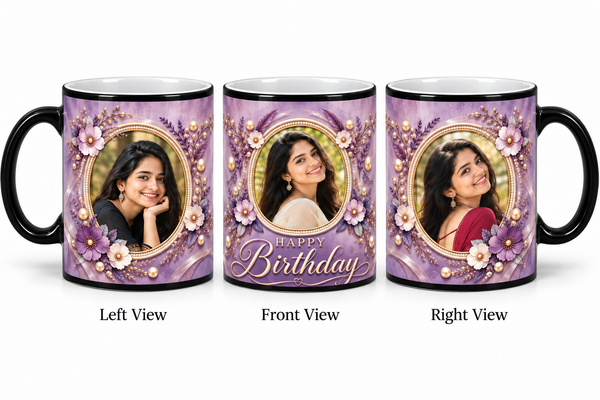 Three photo birthday magic mug – Left View, Front View and Right View
