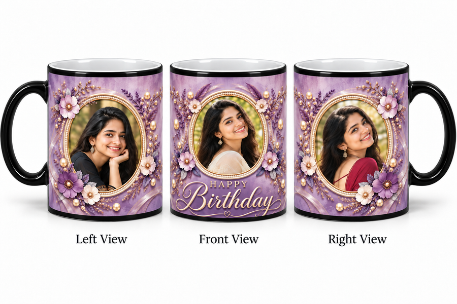 Three photo birthday magic mug – Left View, Front View and Right View