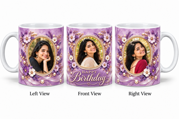Three photo birthday normal mug – Left View, Front View and Right View
