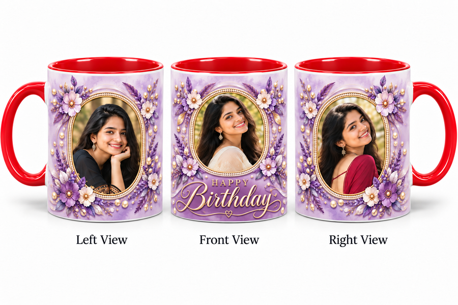 Three photo birthday red mug – Left View, Front View and Right View