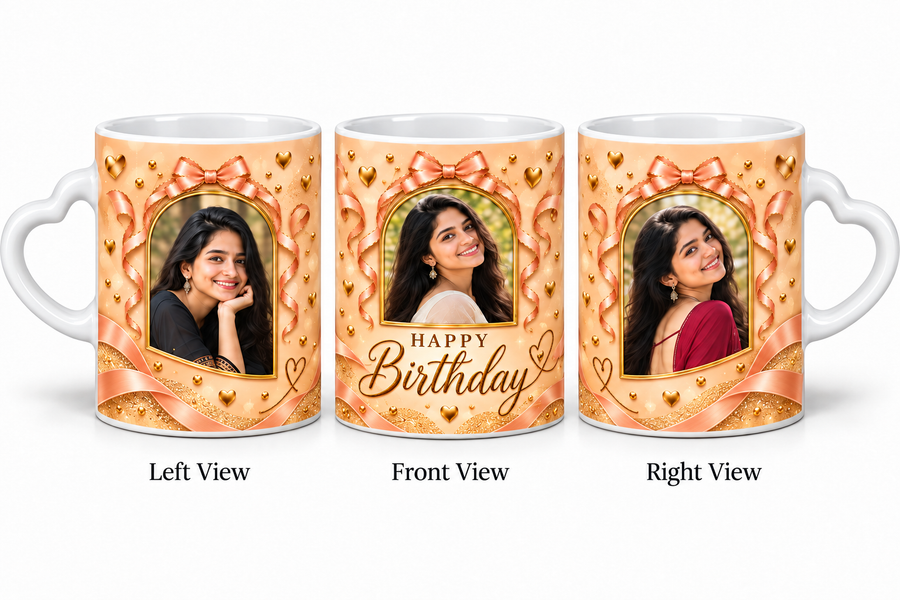 Three photo birthday love mug – Left View, Front View and Right View
