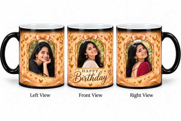 Three photo birthday magic mug – Left View, Front View and Right View