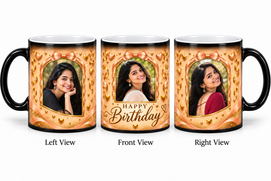 Three photo birthday magic mug – Left View, Front View and Right View