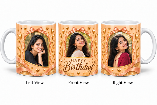 Three photo birthday normal mug – Left View, Front View and Right View