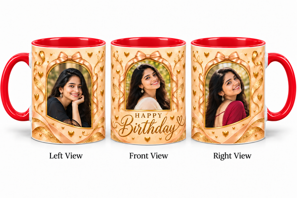 Three photo birthday red mug – Left View, Front View and Right View