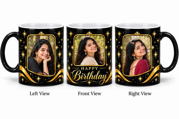 Three photo birthday magic mug – Left View, Front View and Right View
