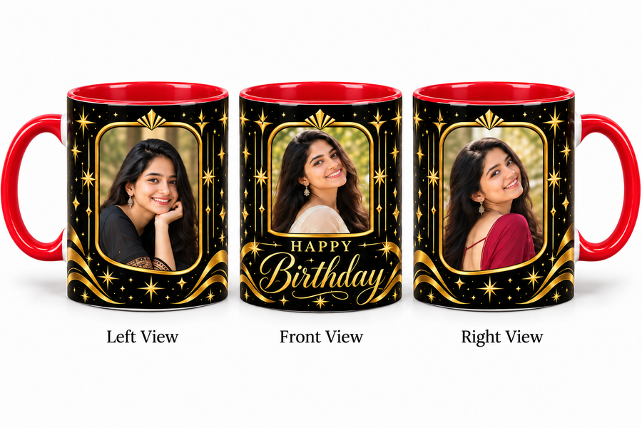 Three photo birthday red mug – Left View, Front View and Right View
