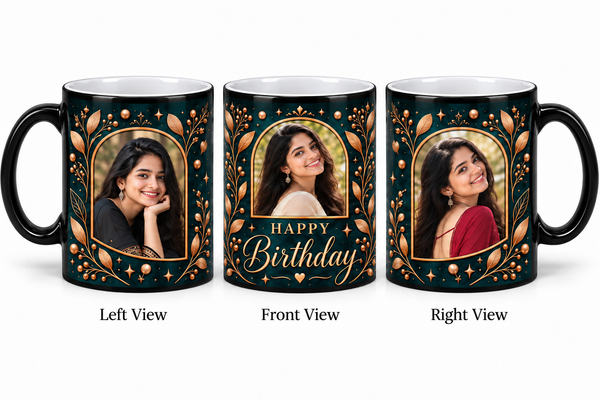 Three photo birthday magic mug – Left View, Front View and Right View