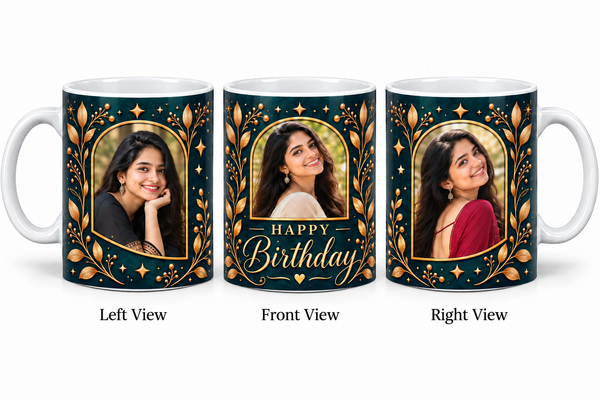Three photo birthday normal mug – Left View, Front View and Right View