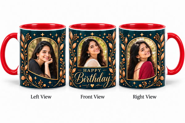 Three photo birthday red mug – Left View, Front View and Right View