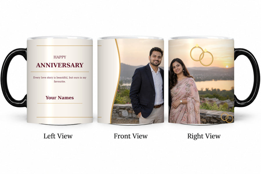 CW-AN-101 magic anniversary mug in three views