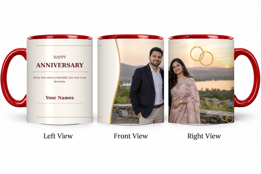 CW-AN-101 red anniversary mug in three views