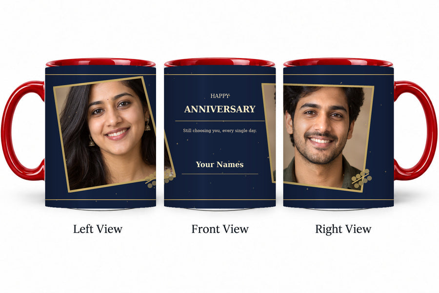 CW-AN-102 red anniversary mug in three views