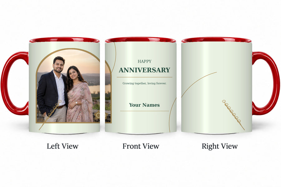 CW-AN-103 red anniversary mug in three views