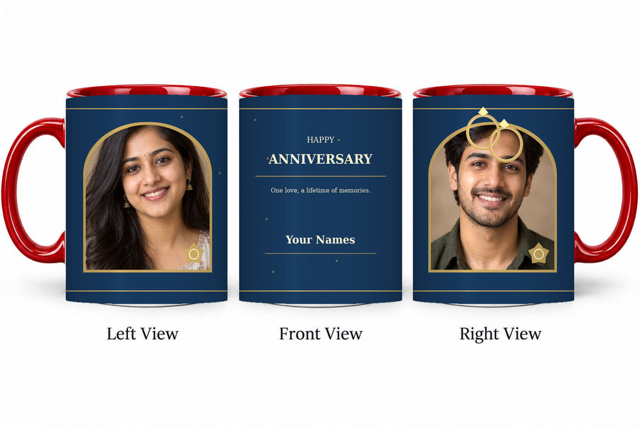 CW-AN-106 red anniversary mug in three views