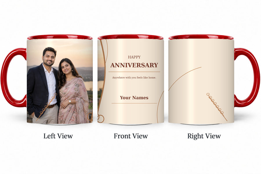 CW-AN-107 red anniversary mug in three views