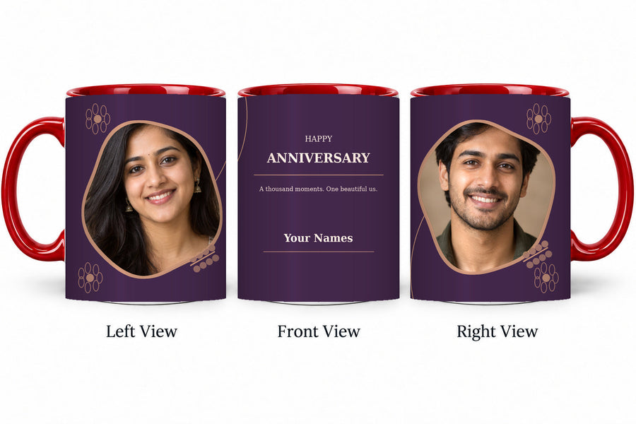 CW-AN-108 red anniversary mug in three views