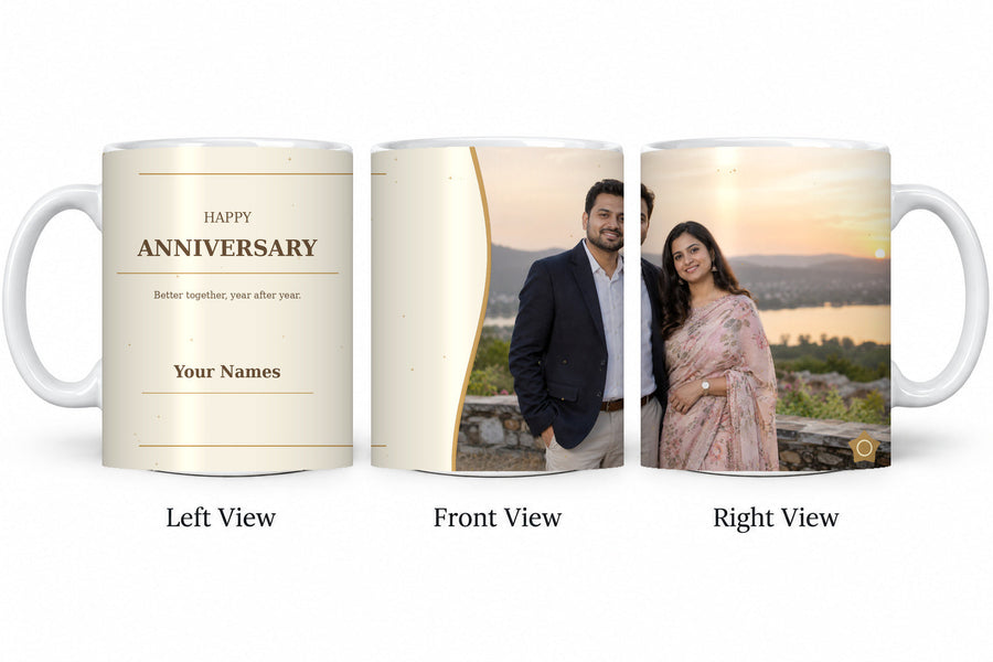 CW-AN-109 normal anniversary mug in three views