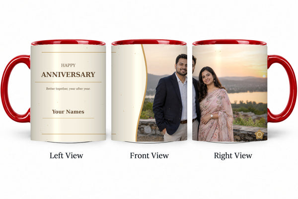 CW-AN-109 red anniversary mug in three views
