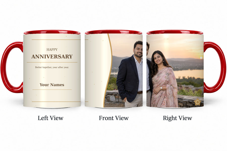 CW-AN-109 red anniversary mug in three views