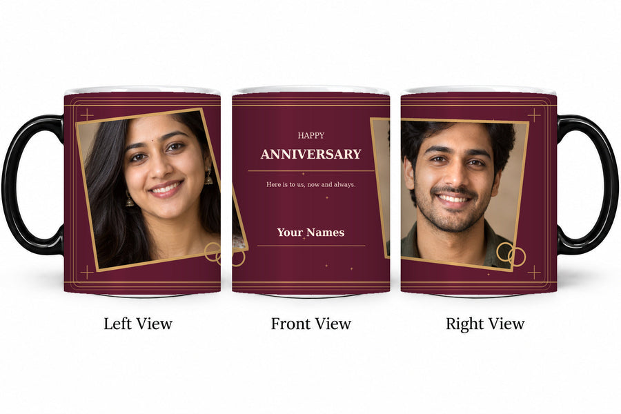 CW-AN-110 magic anniversary mug in three views