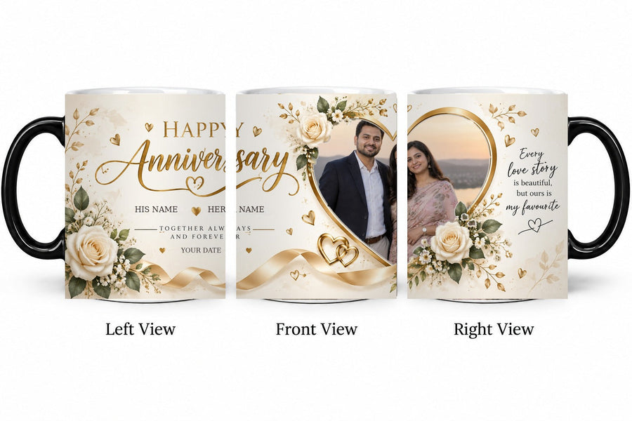 Personalized Elegant Gold Heart Anniversary Mug – Magic Hot Water Reveal Mug shown on mug, left front and right views