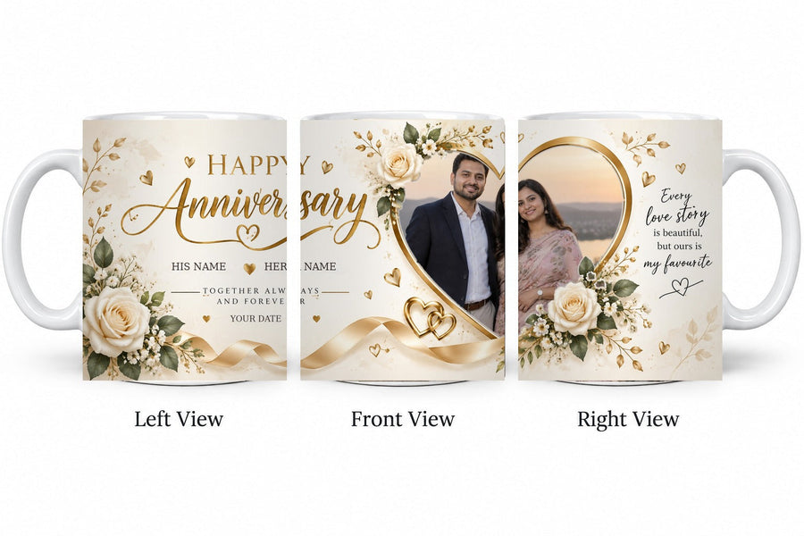 Elegant Gold Heart Anniversary design on Classic White Mug, left front and right views