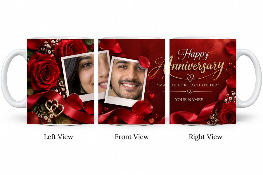 Personalized Romantic Roses Anniversary Mug – Classic White Mug shown on mug, left front and right views