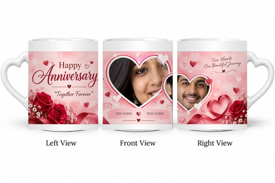Personalized Blush Twin Hearts Anniversary Mug – White Love Handle Mug shown on mug, left front and right views