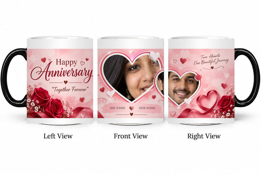 Personalized Blush Twin Hearts Anniversary Mug – Magic Hot Water Reveal Mug shown on mug, left front and right views
