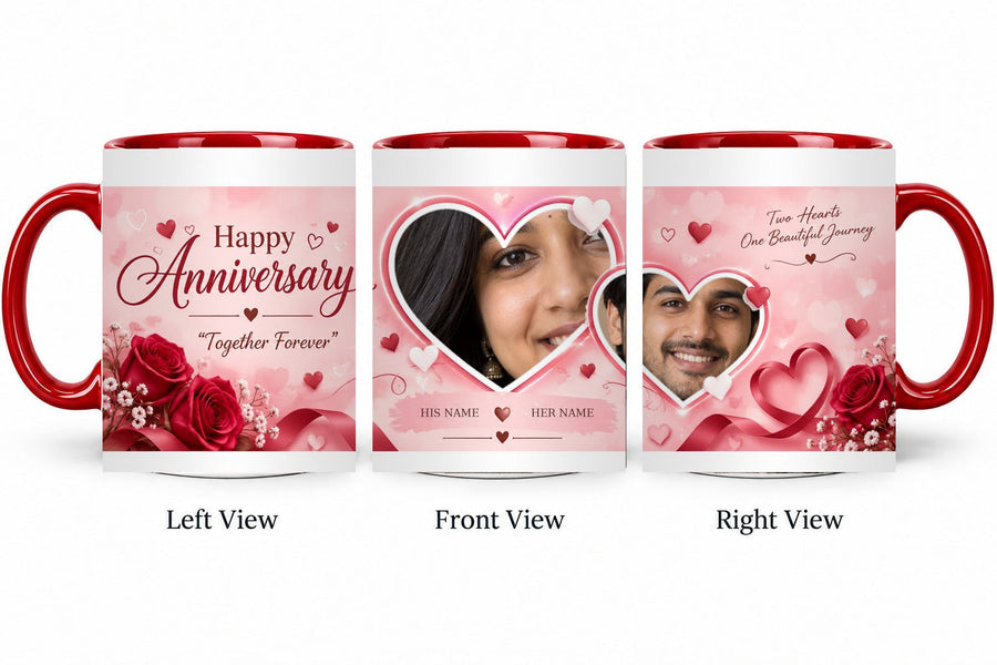 Personalized Blush Twin Hearts Anniversary Mug – Inner Colour Red Mug shown on mug, left front and right views