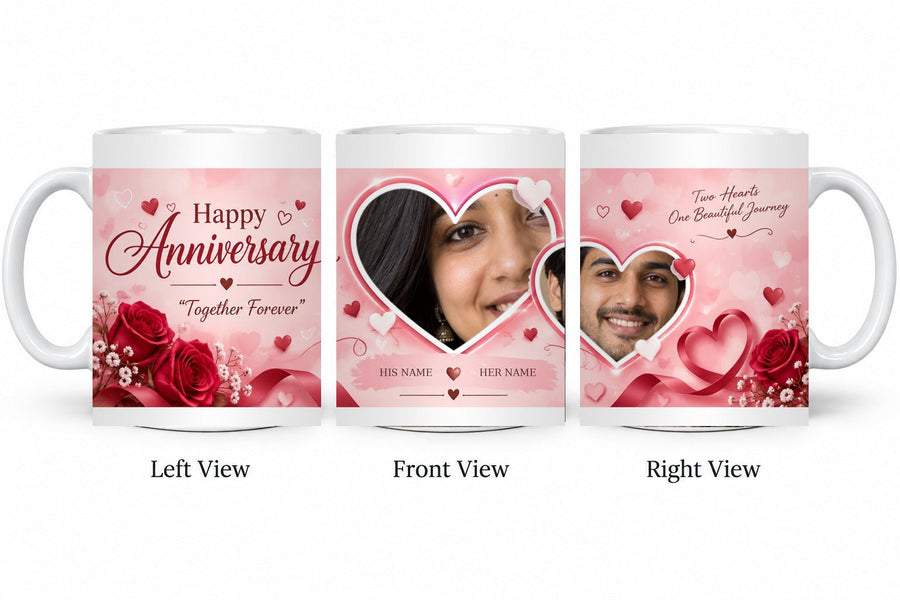 Personalized Blush Twin Hearts Anniversary Mug – Classic White Mug shown on mug, left front and right views